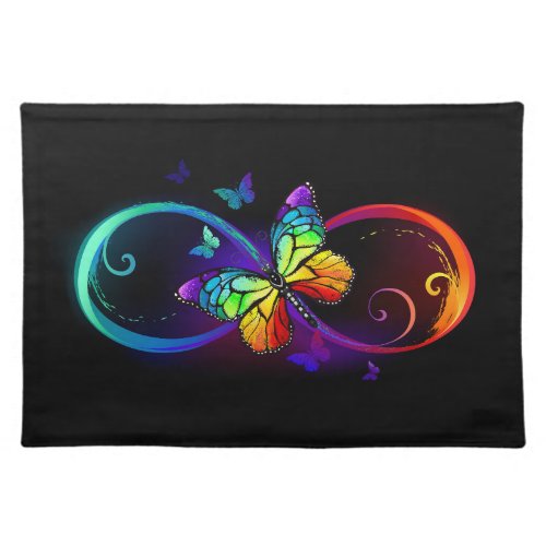 Vibrant infinity with rainbow butterfly on black cloth placemat