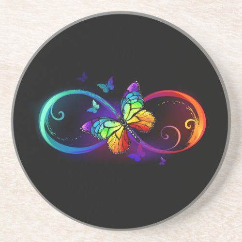 Vibrant infinity with rainbow butterfly on black coaster