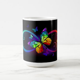 Vibrant infinity with rainbow butterfly on black  coffee mug