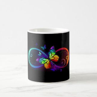 Vibrant infinity with rainbow butterfly on black coffee mug