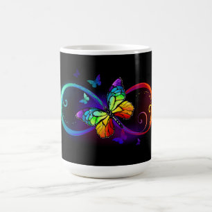 Vibrant infinity with rainbow butterfly on black color morph mug