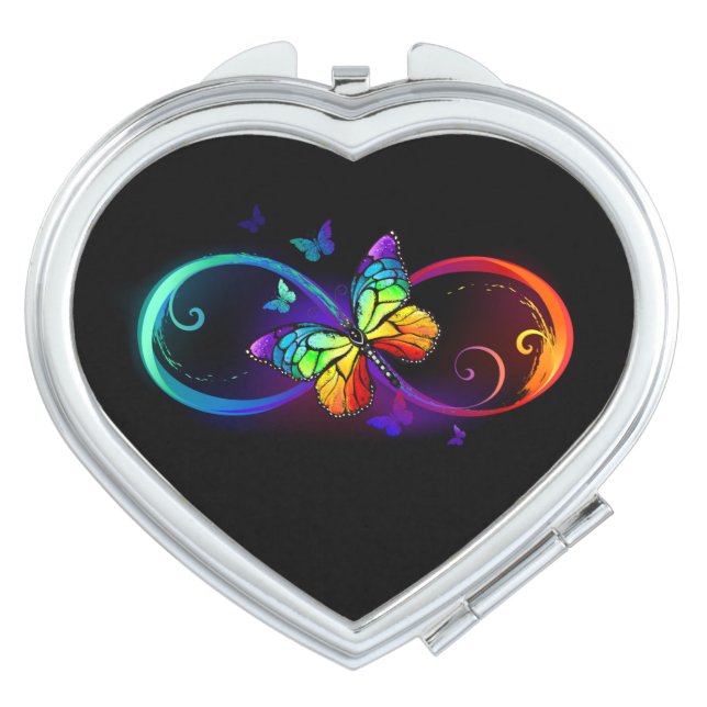 Vibrant infinity with rainbow butterfly on black  compact mirror (Front)