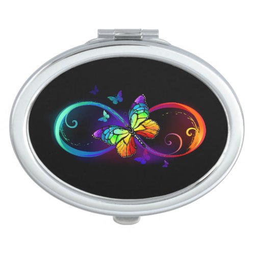 Vibrant infinity with rainbow butterfly on black compact mirror