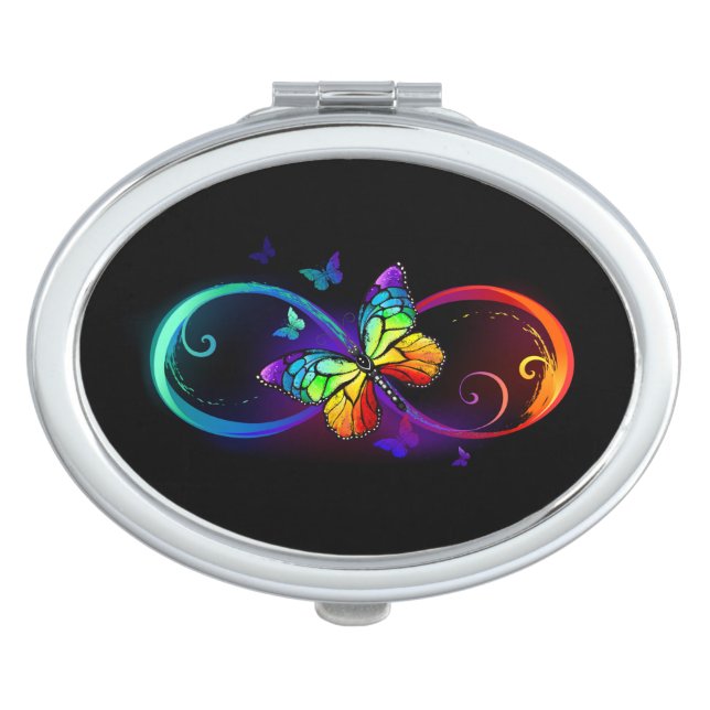 Vibrant infinity with rainbow butterfly on black compact mirror (Front)