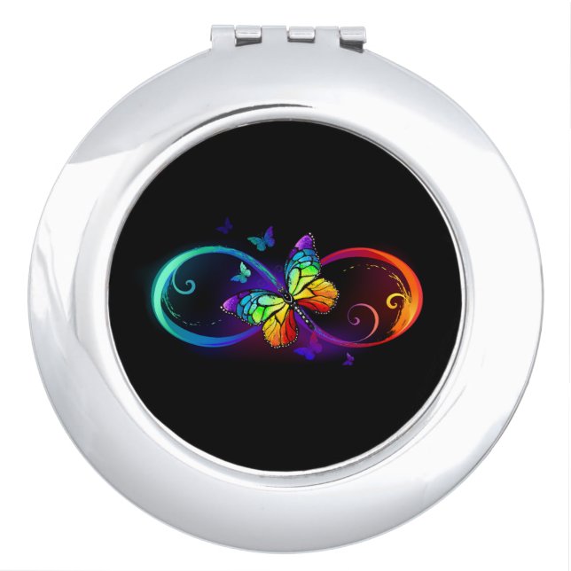 Vibrant infinity with rainbow butterfly on black compact mirror (Front)