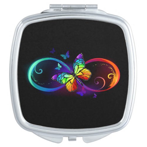 Vibrant infinity with rainbow butterfly on black compact mirror