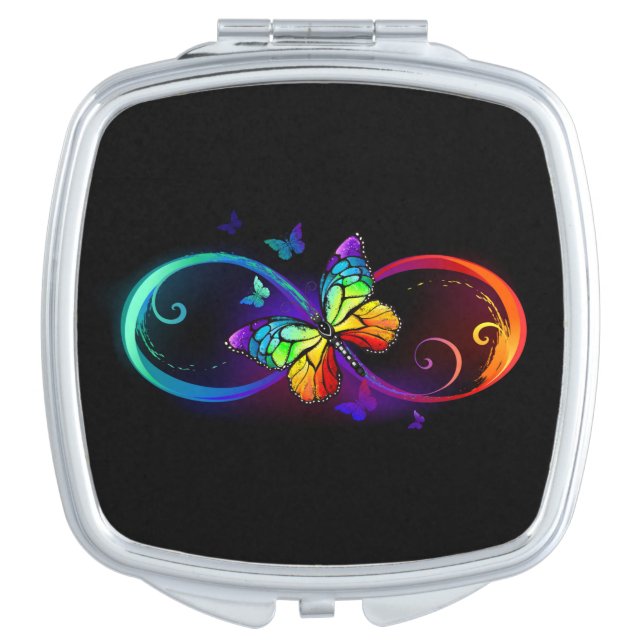 Vibrant infinity with rainbow butterfly on black compact mirror (Front)