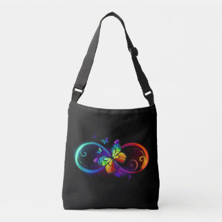 Vibrant infinity with rainbow butterfly on black crossbody bag
