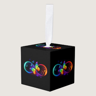 Vibrant infinity with rainbow butterfly on black cube ornament