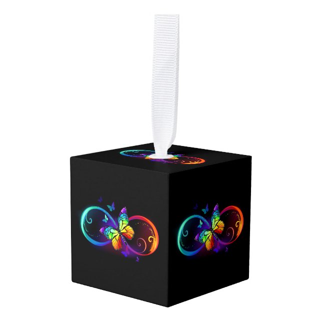 Vibrant infinity with rainbow butterfly on black cube ornament (Front Angled)