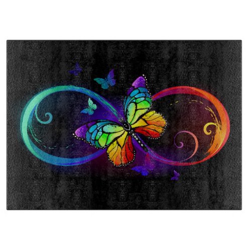 Vibrant infinity with rainbow butterfly on black cutting board