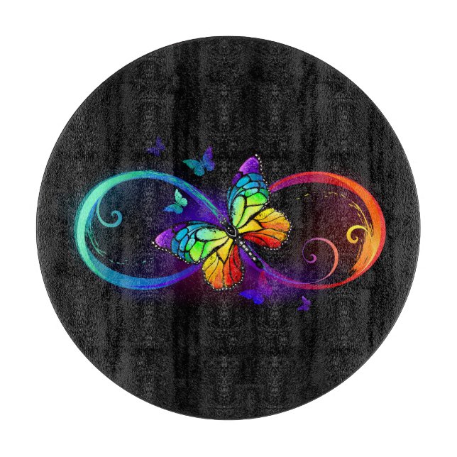 Vibrant infinity with rainbow butterfly on black cutting board (Front)
