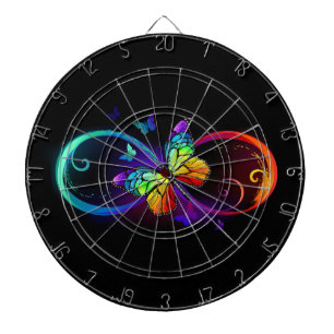 Vibrant infinity with rainbow butterfly on black dart board