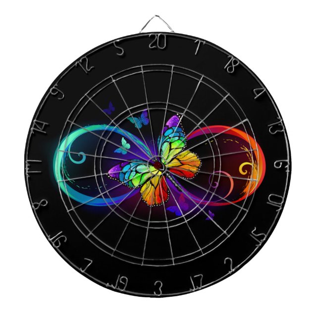 Vibrant infinity with rainbow butterfly on black  dart board (Front)