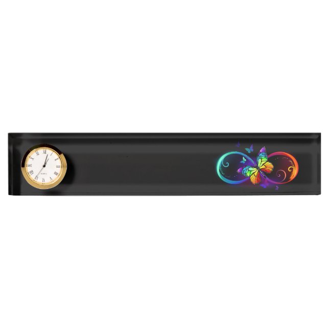 Vibrant infinity with rainbow butterfly on black desk name plate (Front)