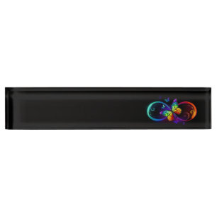 Vibrant infinity with rainbow butterfly on black desk name plate