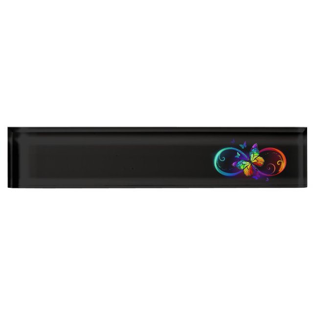 Vibrant infinity with rainbow butterfly on black desk name plate (Front)