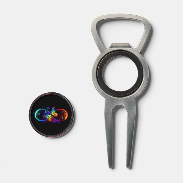 Vibrant infinity with rainbow butterfly on black divot tool (Front (Open))