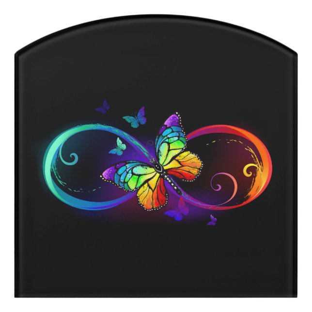 Vibrant infinity with rainbow butterfly on black door sign (Contour Front)