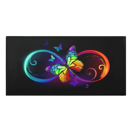 Vibrant infinity with rainbow butterfly on black door sign