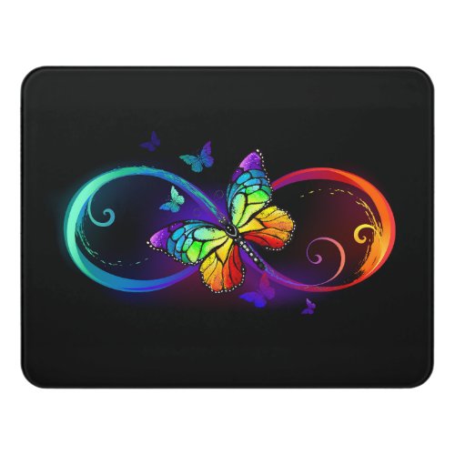 Vibrant infinity with rainbow butterfly on black door sign
