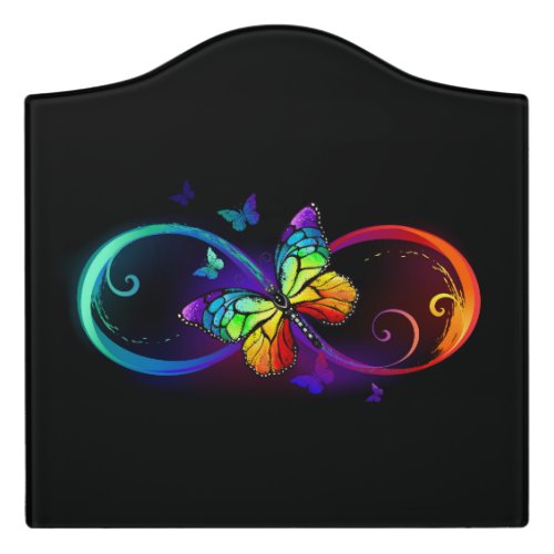 Vibrant infinity with rainbow butterfly on black door sign