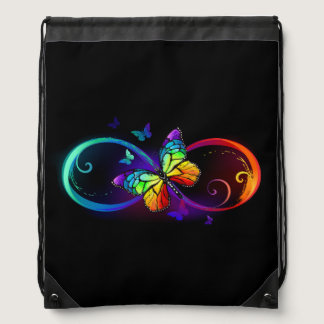 Vibrant infinity with rainbow butterfly on black drawstring bag
