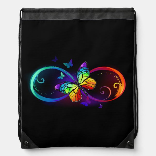 Vibrant infinity with rainbow butterfly on black drawstring bag (Front)