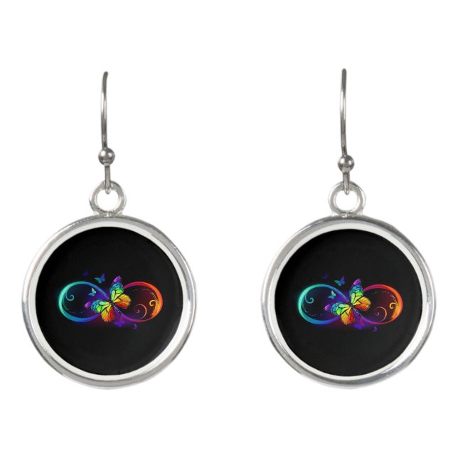Vibrant infinity with rainbow butterfly on black earrings (Front)