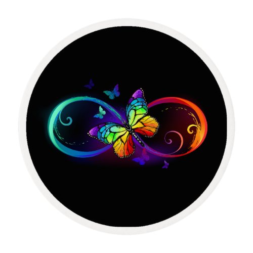 Vibrant infinity with rainbow butterfly on black edible frosting rounds