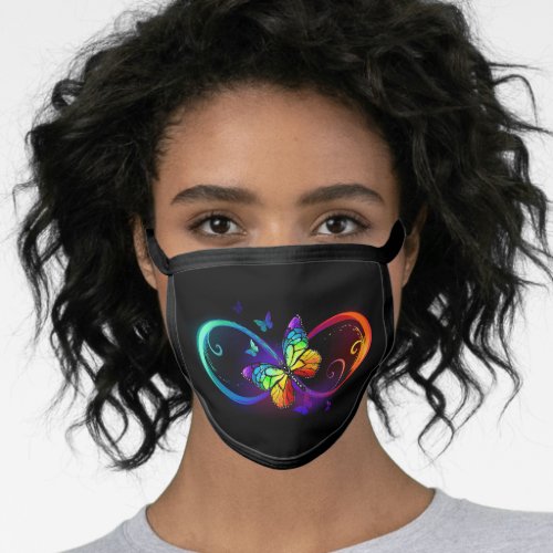 Vibrant infinity with rainbow butterfly on black face mask