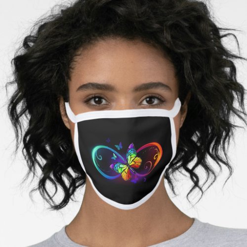 Vibrant infinity with rainbow butterfly on black face mask