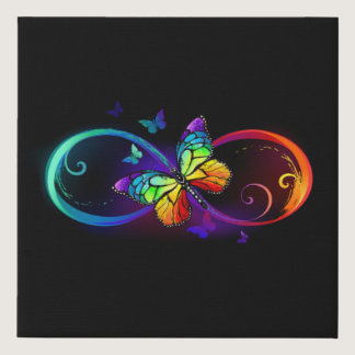 Vibrant infinity with rainbow butterfly on black  faux canvas print