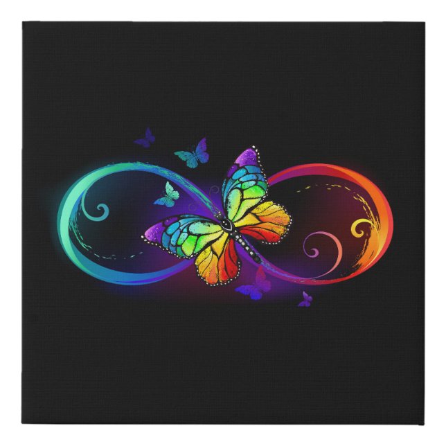 Vibrant infinity with rainbow butterfly on black  faux canvas print (Front)