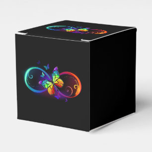 Vibrant infinity with rainbow butterfly on black favor boxes