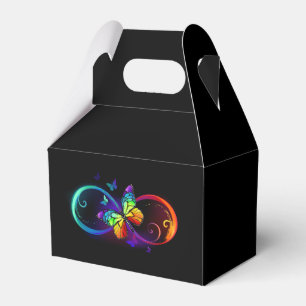 Vibrant infinity with rainbow butterfly on black favor boxes