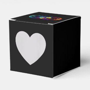 Vibrant infinity with rainbow butterfly on black favor boxes