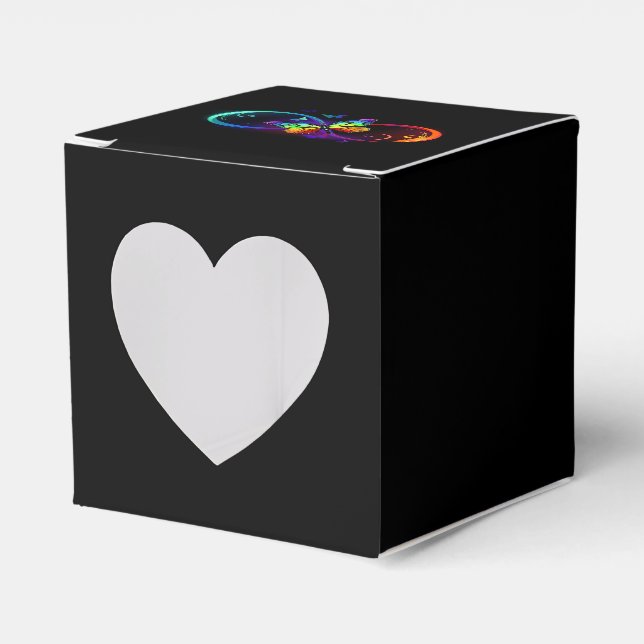Vibrant infinity with rainbow butterfly on black favor boxes (Front Side)