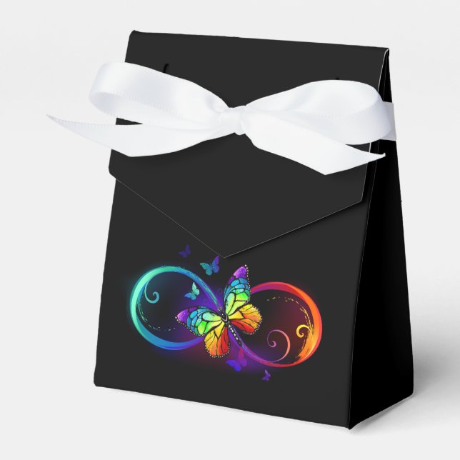 Vibrant infinity with rainbow butterfly on black  favor boxes (Front Side)