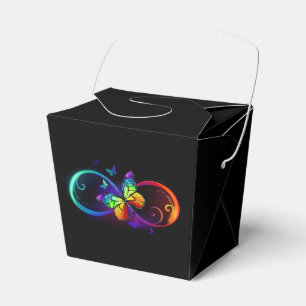 Vibrant infinity with rainbow butterfly on black favor boxes