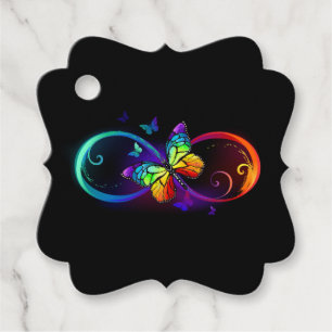 Vibrant infinity with rainbow butterfly on black favor tags