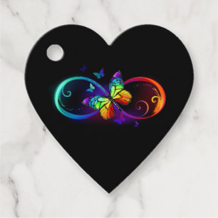 Vibrant infinity with rainbow butterfly on black favor tags