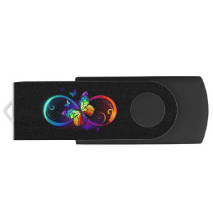 Vibrant infinity with rainbow butterfly on black flash drive