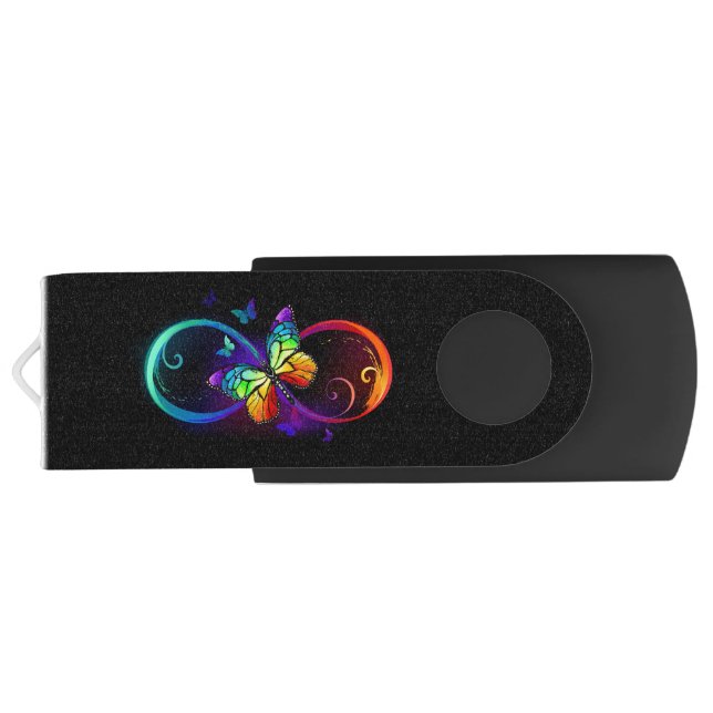 Vibrant infinity with rainbow butterfly on black flash drive (Back)