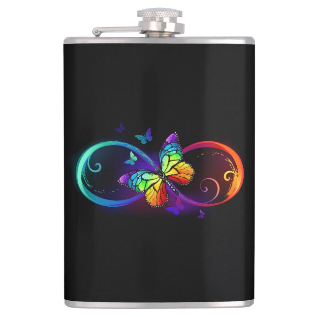 Vibrant infinity with rainbow butterfly on black flask (Front)