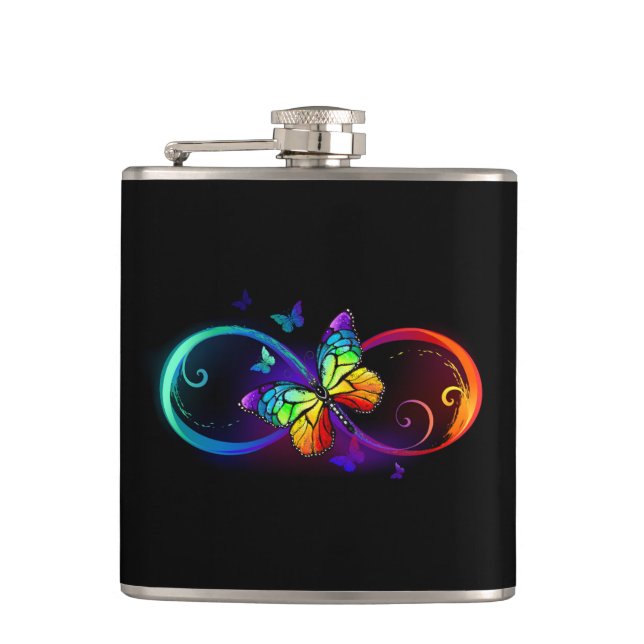 Vibrant infinity with rainbow butterfly on black flask (Front)