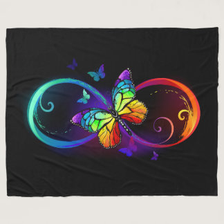 Vibrant infinity with rainbow butterfly on black fleece blanket