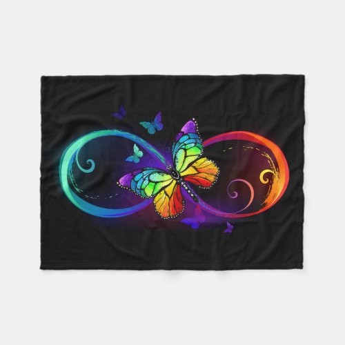 Vibrant infinity with rainbow butterfly on black fleece blanket