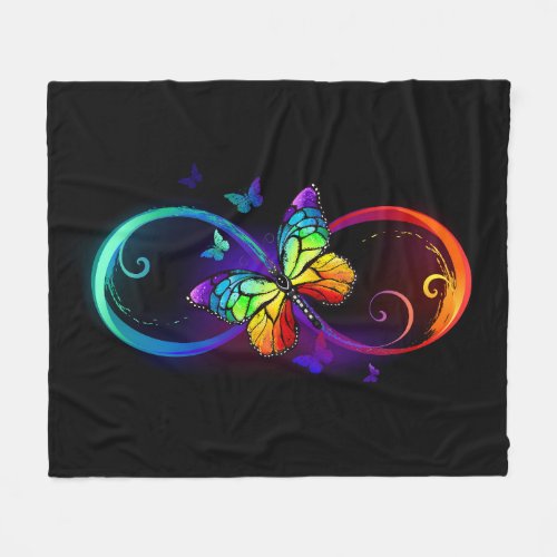 Vibrant infinity with rainbow butterfly on black fleece blanket