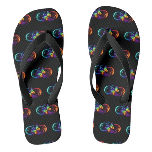 Vibrant infinity with rainbow butterfly on black flip flops